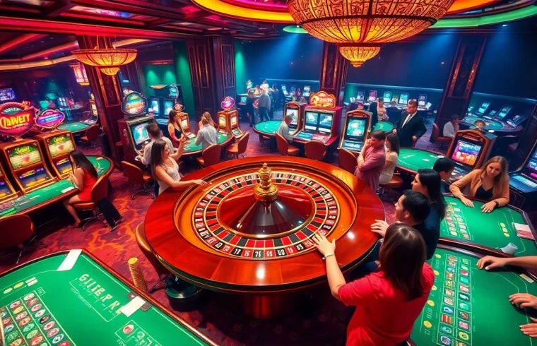 Penjudi merayakan kemenangan besar di lantai kasino Datukwin yang mewah, menampilkan roulette dan mesin slot berwarna-warni.