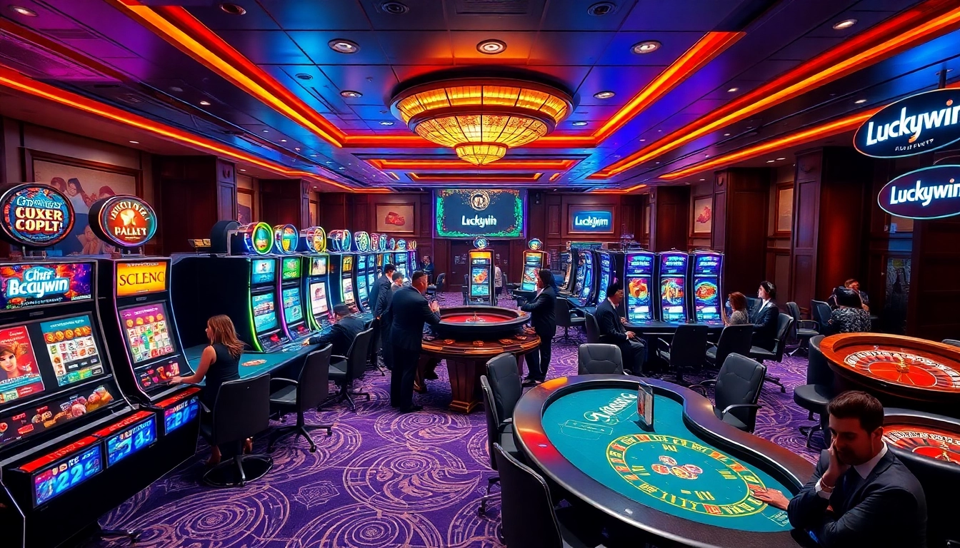 Luckywin casino scene featuring thrilling slot machines and dynamic roulette tables.