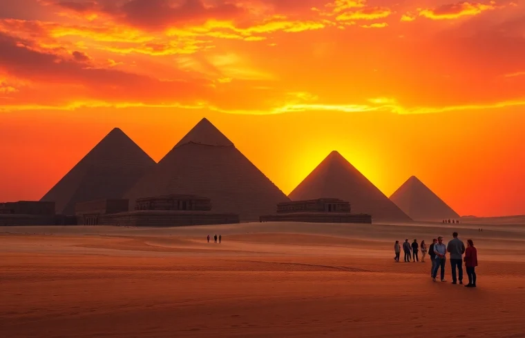 Visit https://piraminds.com/ to marvel at the majestic Great Pyramids of Giza during sunset.