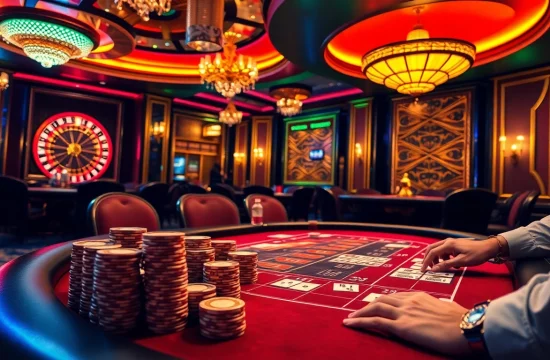 Players strategize at a poker table in a vibrant casino, enhancing the thrill of https://x88ni.com/.
