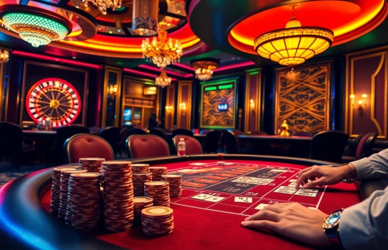 Players strategize at a poker table in a vibrant casino, enhancing the thrill of https://x88ni.com/.