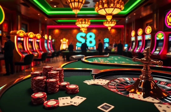 Experience a thrilling S8 casino gaming atmosphere with poker chips and roulette wheels.