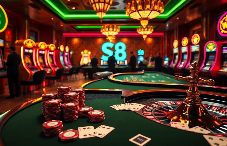 Experience a thrilling S8 casino gaming atmosphere with poker chips and roulette wheels.