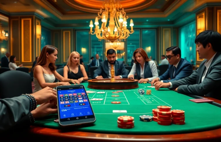 The S8 smartphone showcases an online gambling interface amidst a luxurious casino table with poker chips and cards.