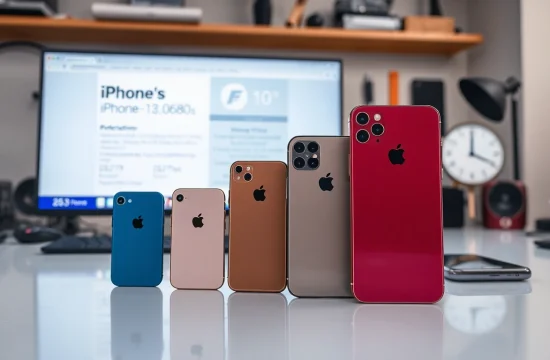 Comparar modelos iPhone en un espacio de trabajo digital elegante y moderno.