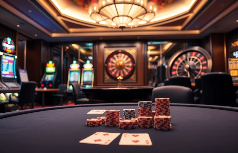 Experience kèo nhà cái 5 excitement with a vibrant casino scene featuring poker chips and roulette.