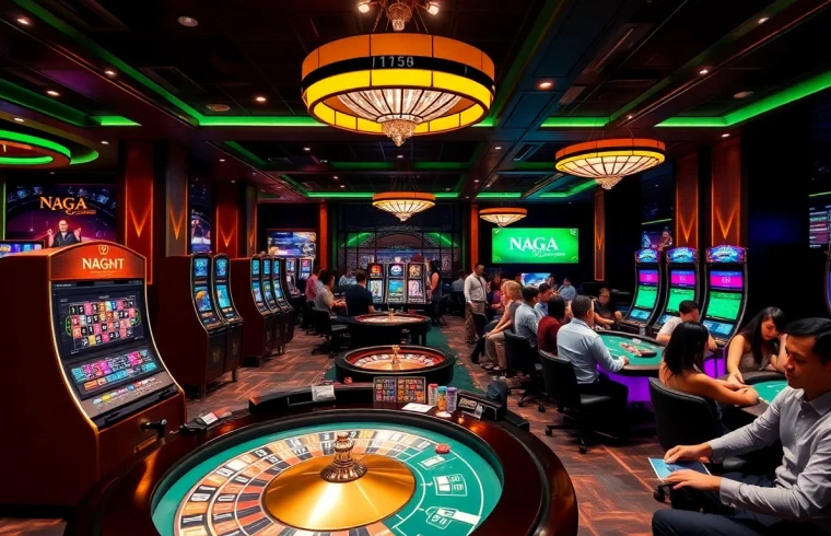 NAGA1001 casino scene featuring slot machines and poker tables in an exciting gambling atmosphere.