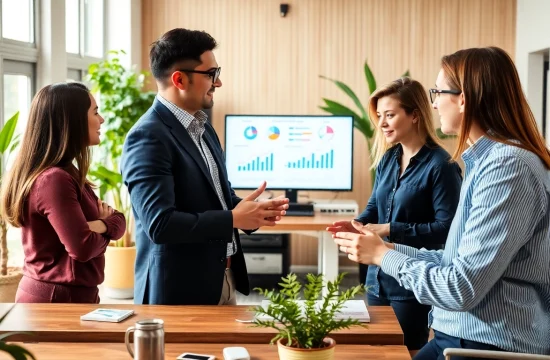 A marketing consultant collaborating with a diverse team in a bright office environment.