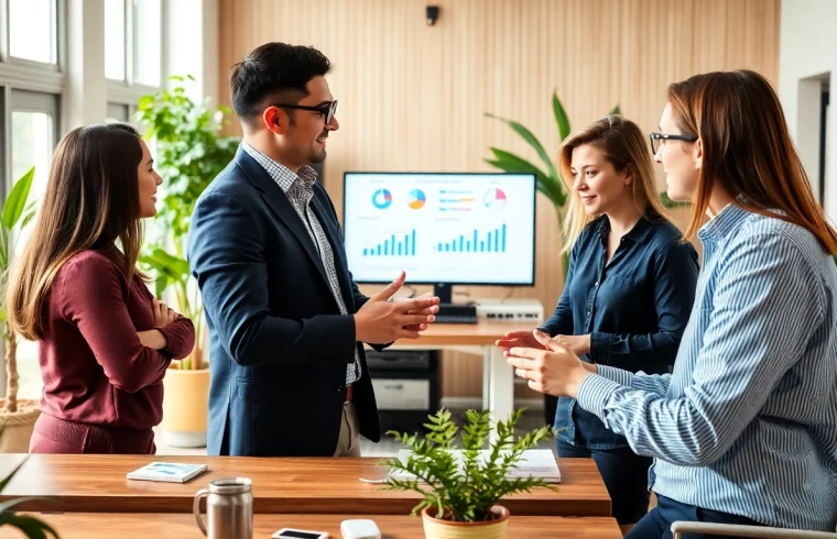 A marketing consultant collaborating with a diverse team in a bright office environment.