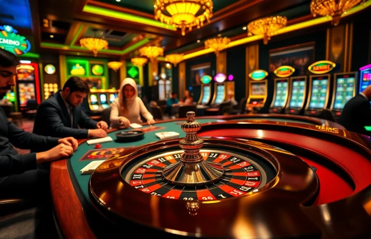 Players enjoying a high-stakes game at MM88 casino, with poker chips and a roulette wheel.