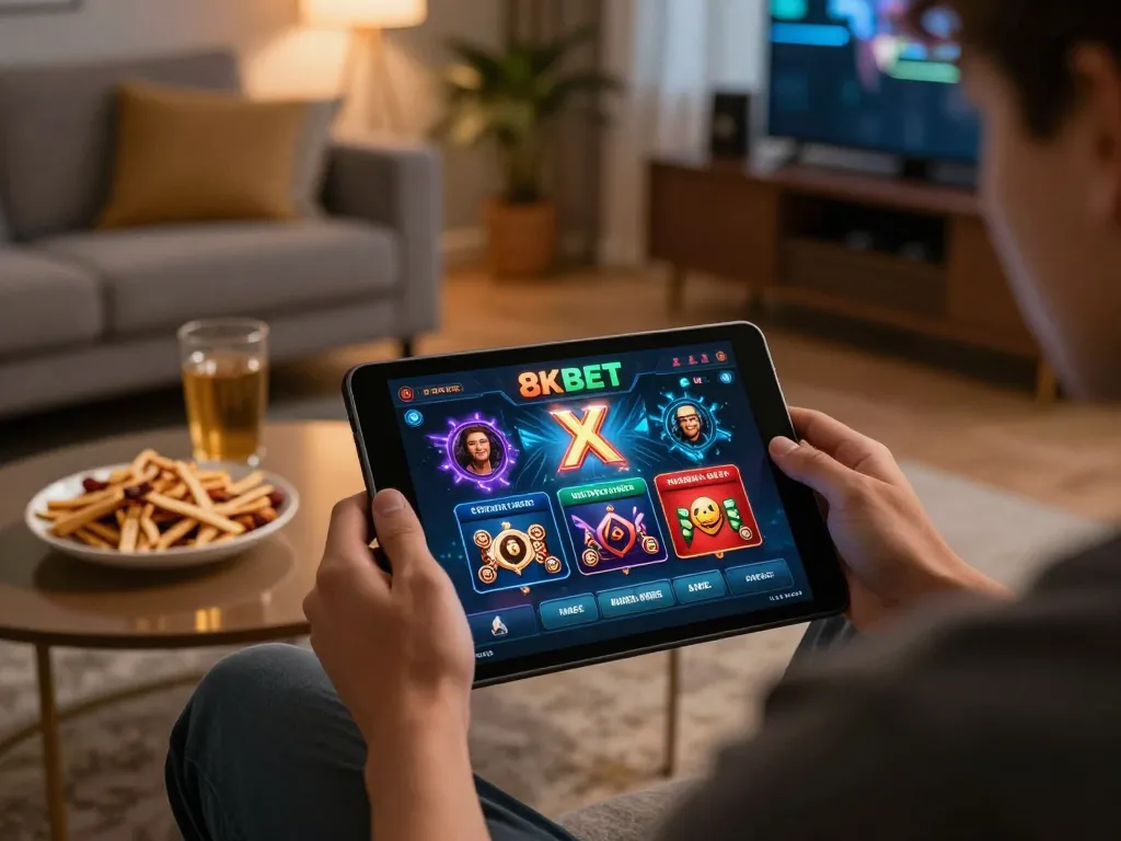8KBET user engaging in online gambling activity on tablet in cozy home setting