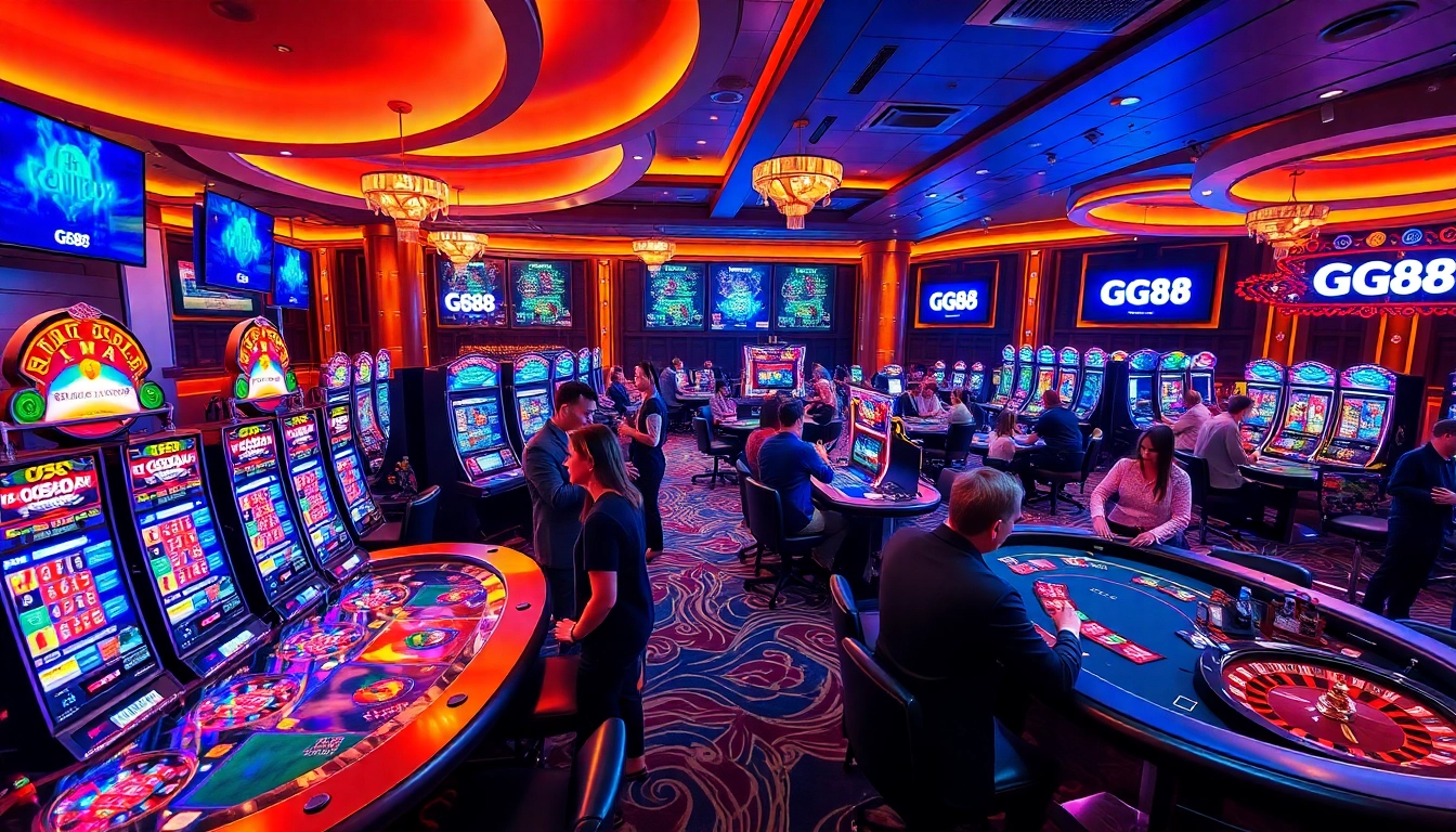 Players enjoying vibrant casino games at GG88, showcasing slots and roulette in an exciting atmosphere.
