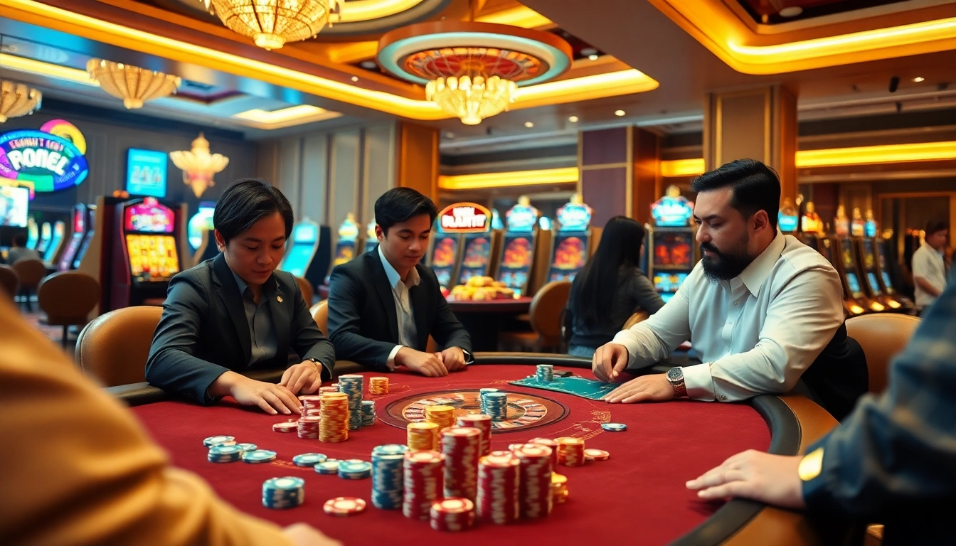 The excitement of poker at 8KBET with vibrant chips and players at a luxurious casino table.