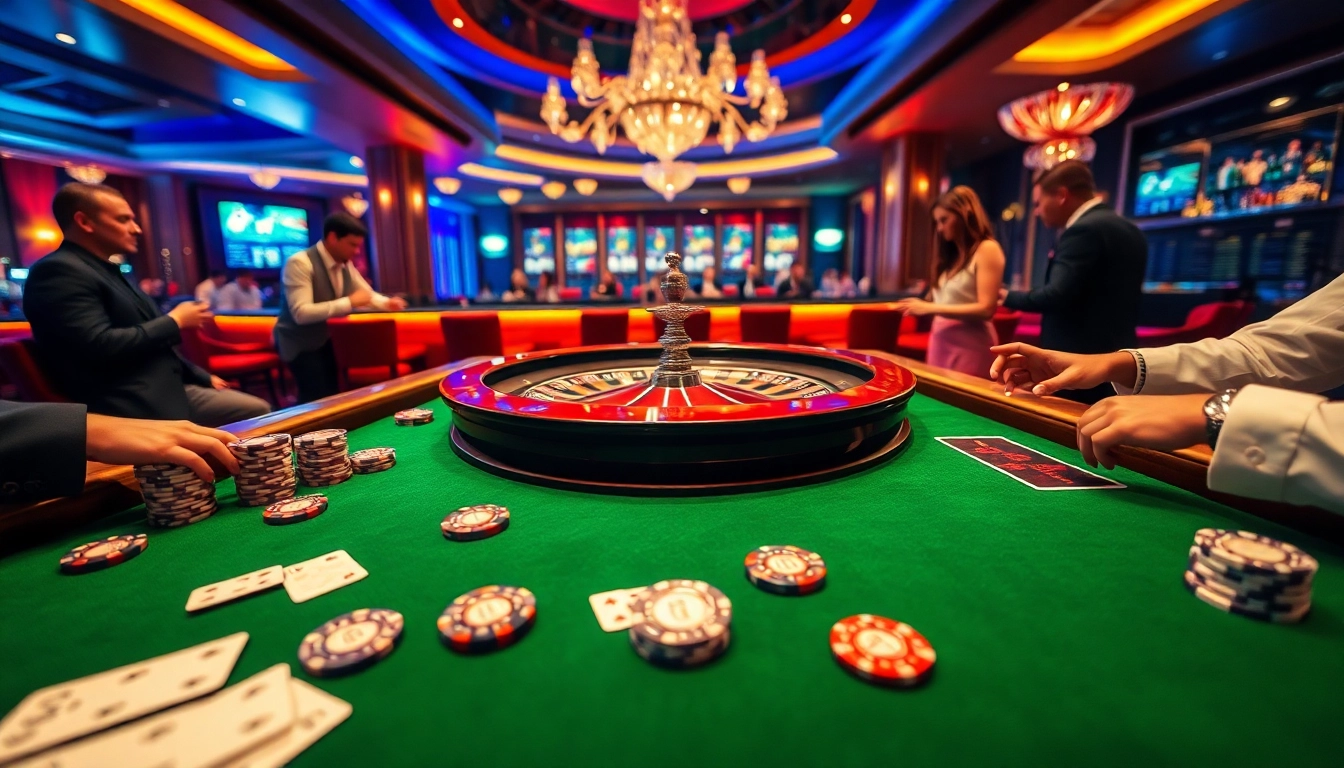 Watch players engaging at a roulette table in a vibrant casino scene on https://cm88bet.us/ban-ca-cm88/ featuring poker chips and cards.