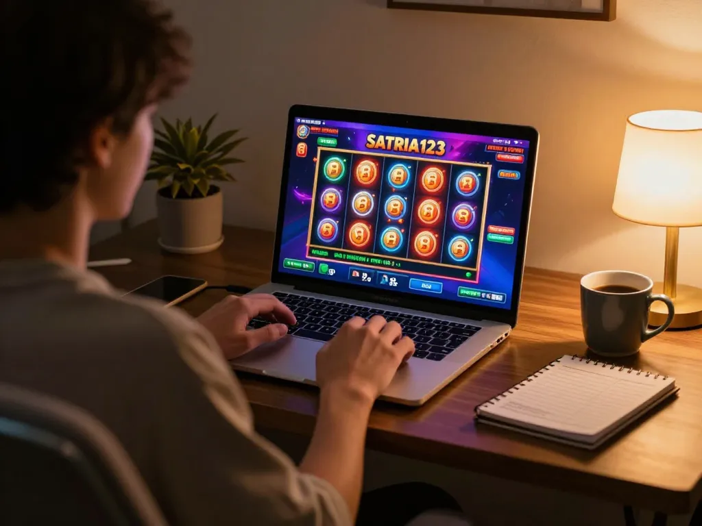 SATRIA123 player engaging with vibrant online slot game interface in a cozy home setup