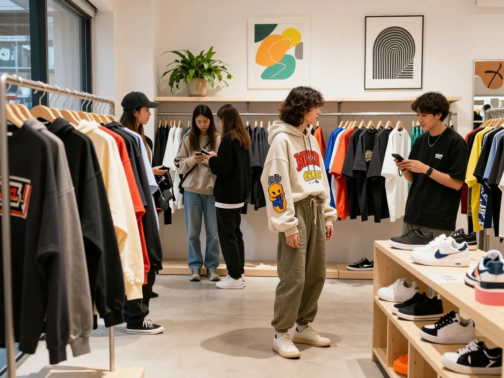 Young influencer in trendy streetwear exploring vibrant fashion pieces at a modern store, showcasing BANDIT69 style.