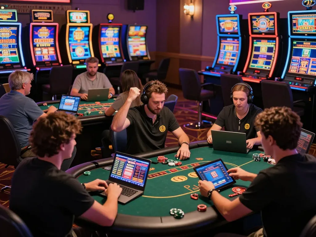 S8net players celebrating wins during dynamic online casino games in a vibrant environment.