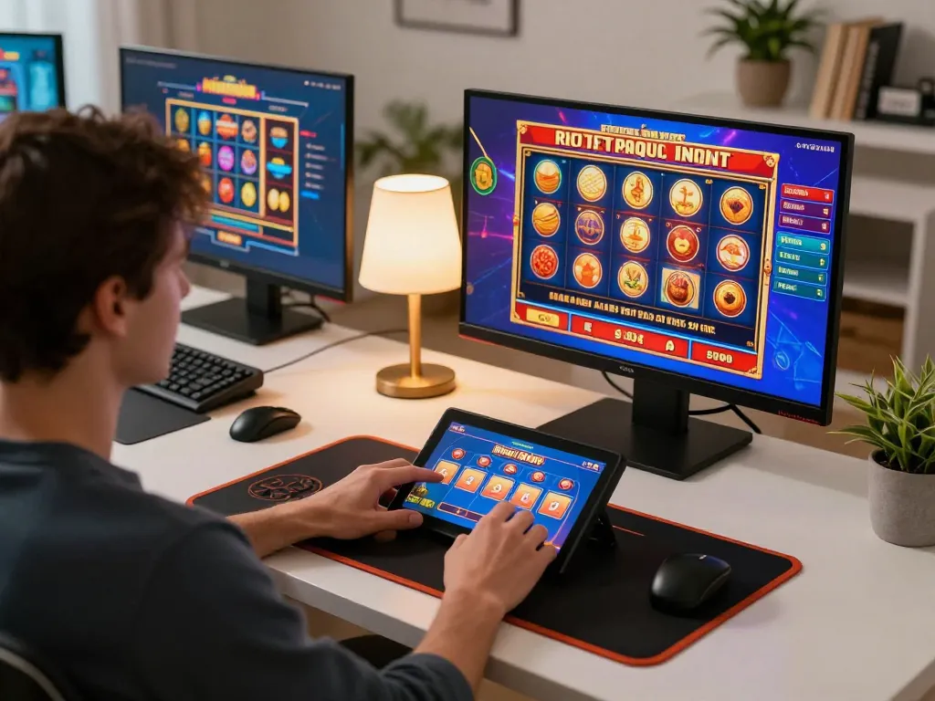 Bermain permainan Bandar Togel Slot di tablet di rumah, menunjukkan lingkungan permainan yang bertanggung jawab.