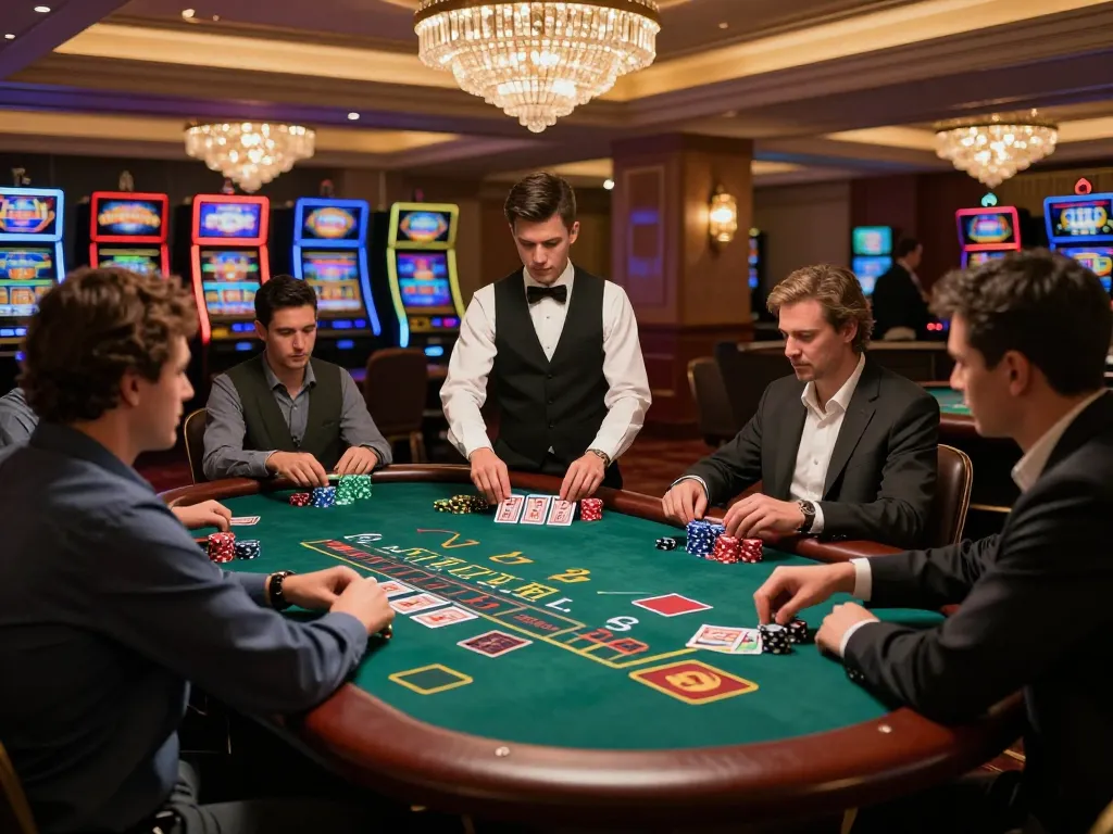 lv88 blackjack players assessing hands and strategies in vibrant casino atmosphere