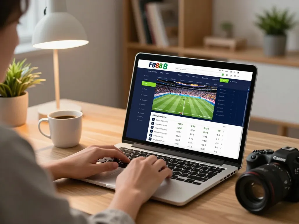 Person engaging with FB88's online sports betting platform, viewing live odds on laptop.