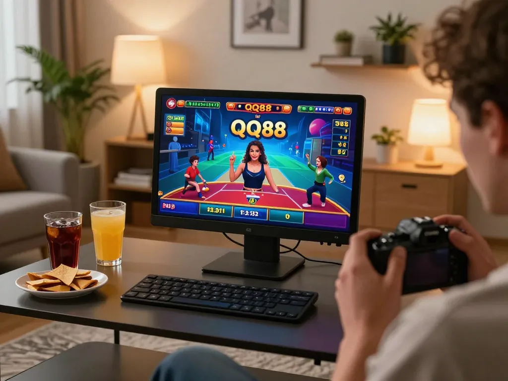 Engaging in QQ88 live dealer games on a smartphone in a cozy home setup, showcasing modern online gambling.