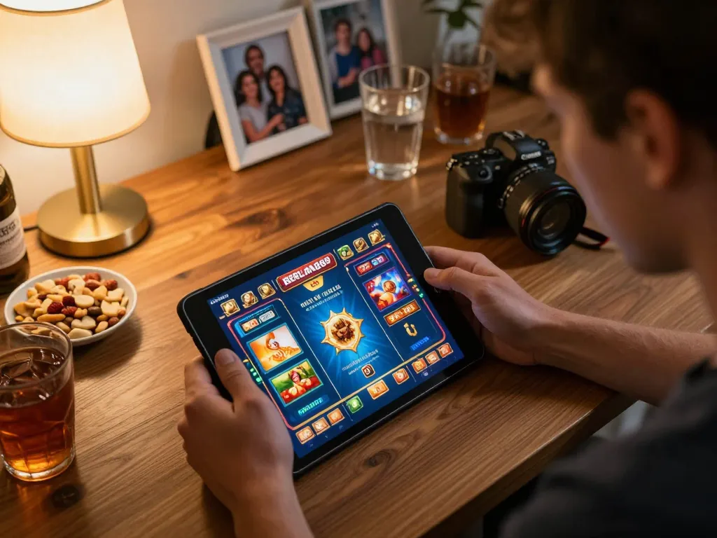 Player engaged in online gaming with the BERLIAN889 app, showcasing strategic gameplay in a cozy home setting.