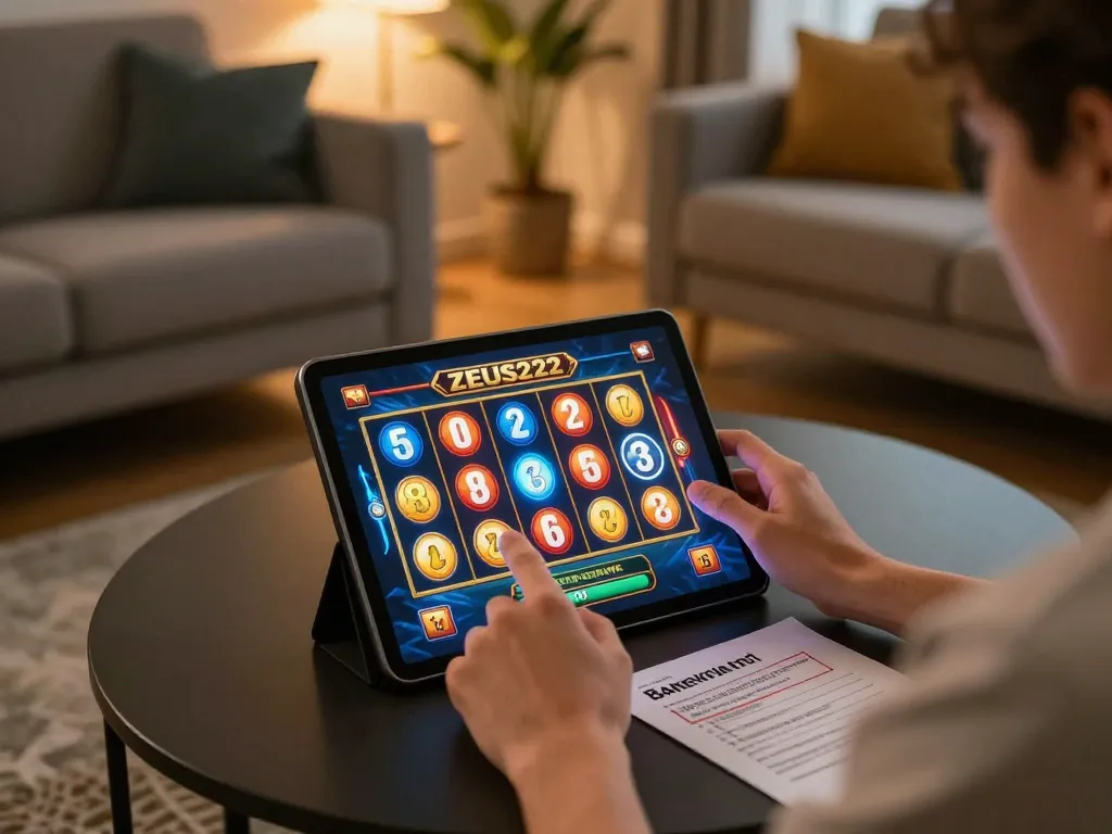 Player enjoying ZEUS222 slot game on tablet at home, capturing excitement and strategy.