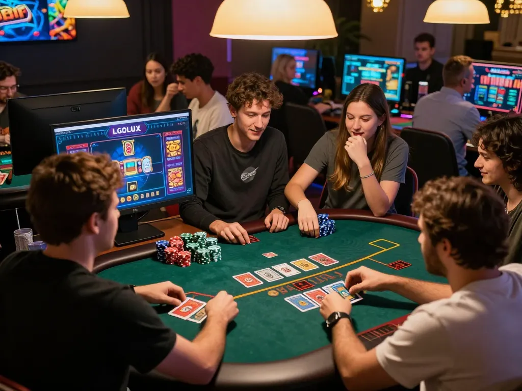 Engaged players enjoying LGOLUX online casino games with vibrant screens and betting action.