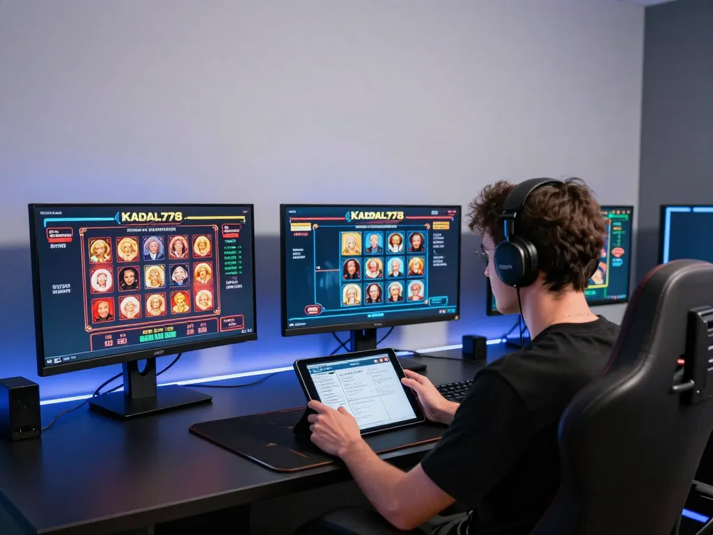 KADAL778 gaming setup with multiple screens showcasing casino games and a focused player managing strategies.