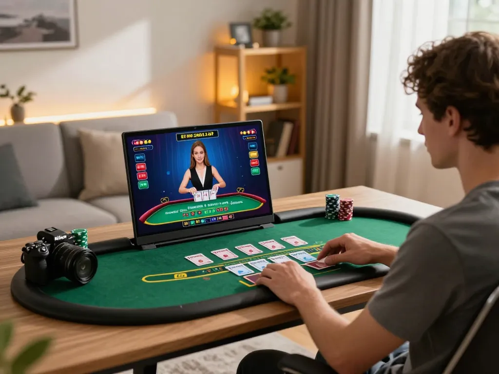 Engage in LGOLUX live dealer blackjack with an immersive gaming setup at home.