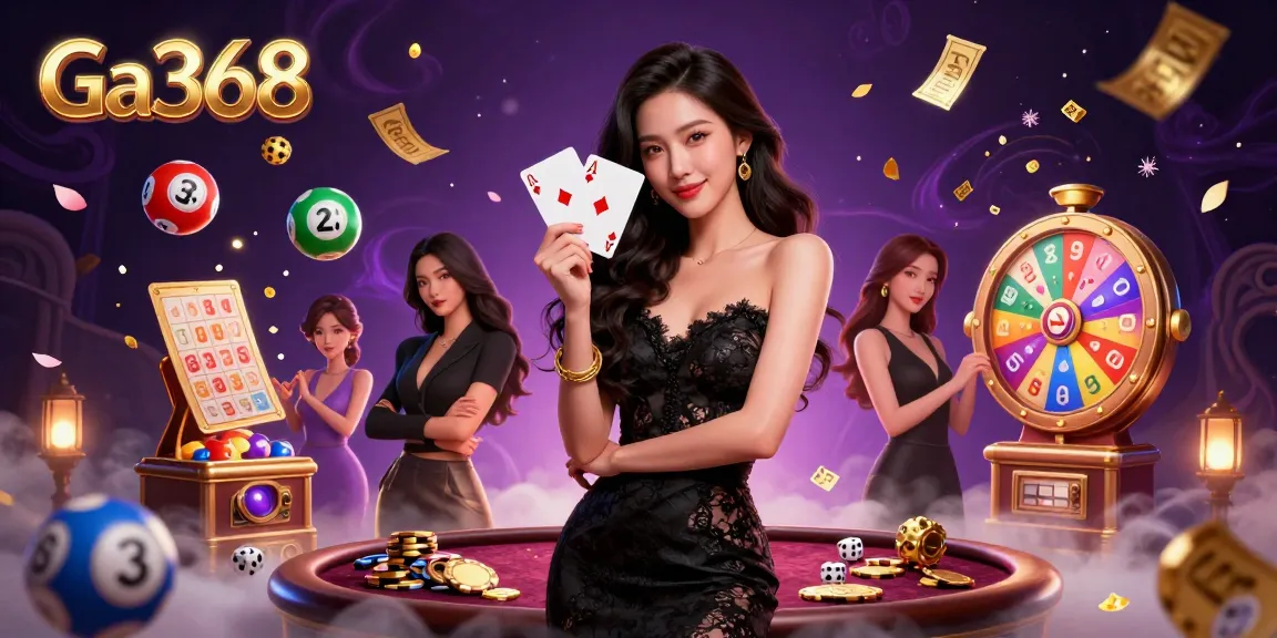 Ga368 showcases an elegant woman with two aces, surrounded by colorful casino elements for thrilling gameplay.