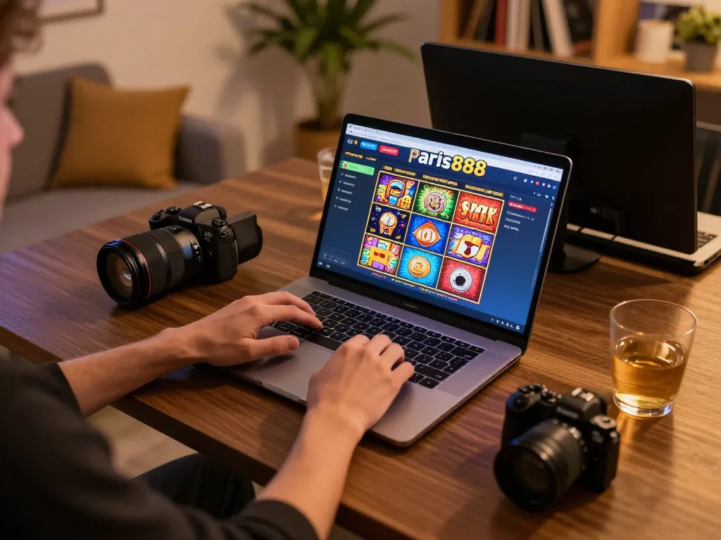 Engaging user betting in paris888 online casino with colorful slots on laptop screen.