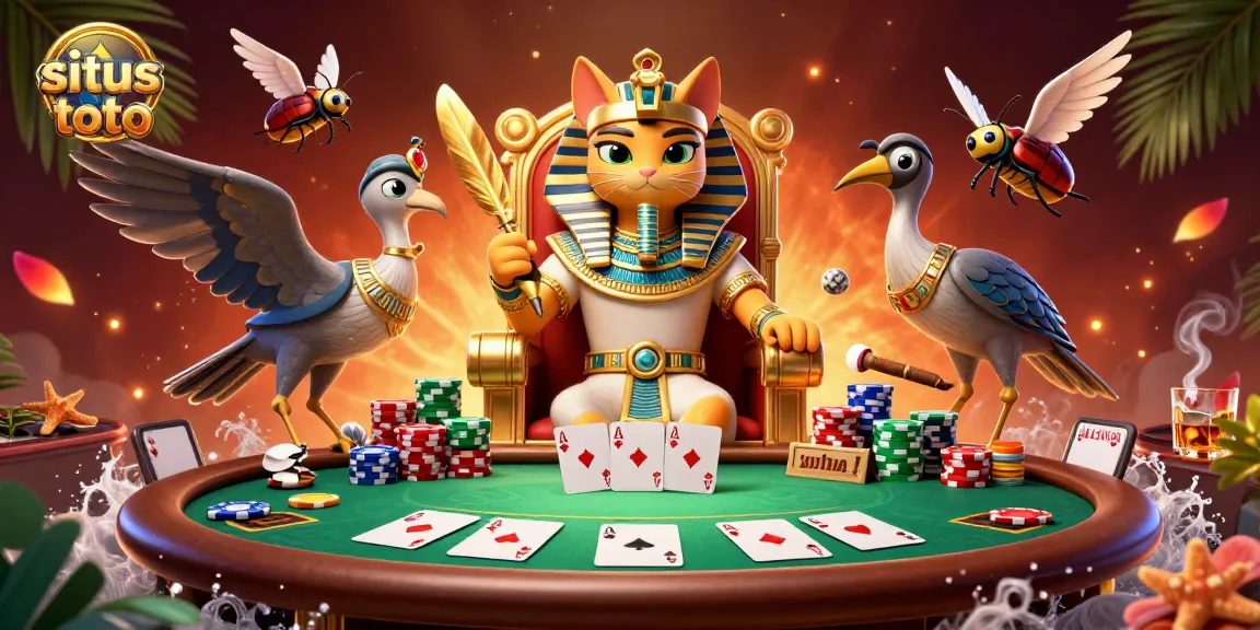 Experience the thrill of situs toto with a vibrant poker scene featuring a pharaoh cat and golden accents.