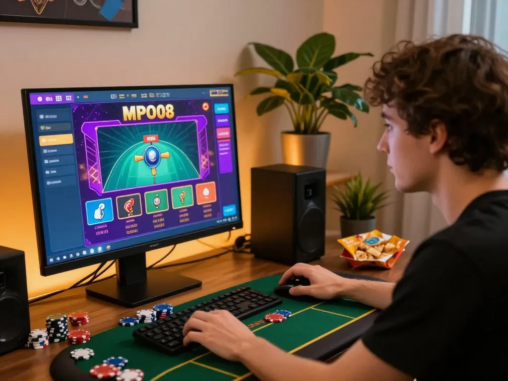 MPO08 online casino interface displayed on a laptop while a player focuses on gaming strategy in a cozy environment.