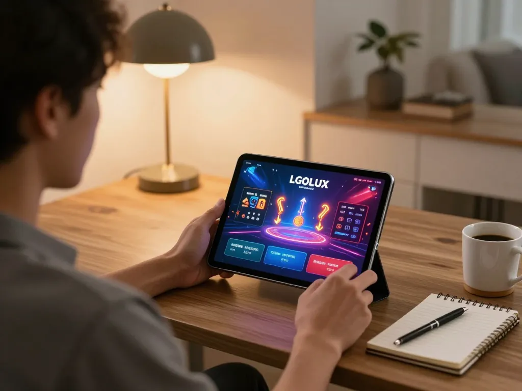 Engaging user gaming on LGOLUX in a stylish home office with tablet displaying casino interface.