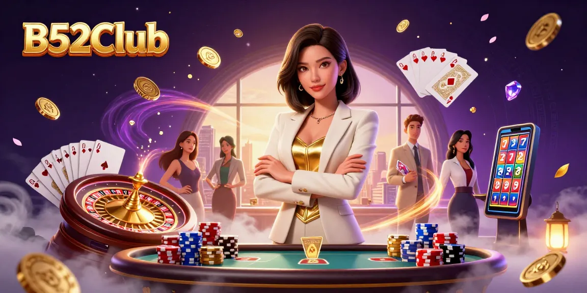 B52Club captures exhilarating casino action with a glamorous Asian woman showcasing poker cards and golden chips.