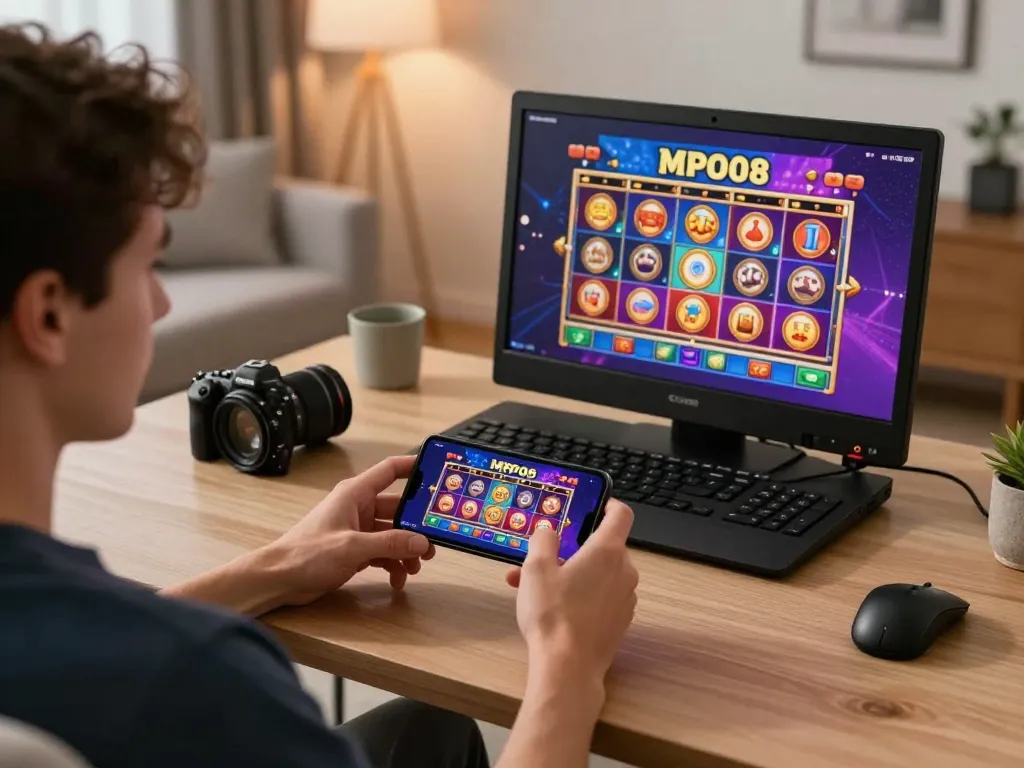 MPO08 user engaging with the online casino app on smartphone, showcasing exciting gameplay, in a cozy home setting.