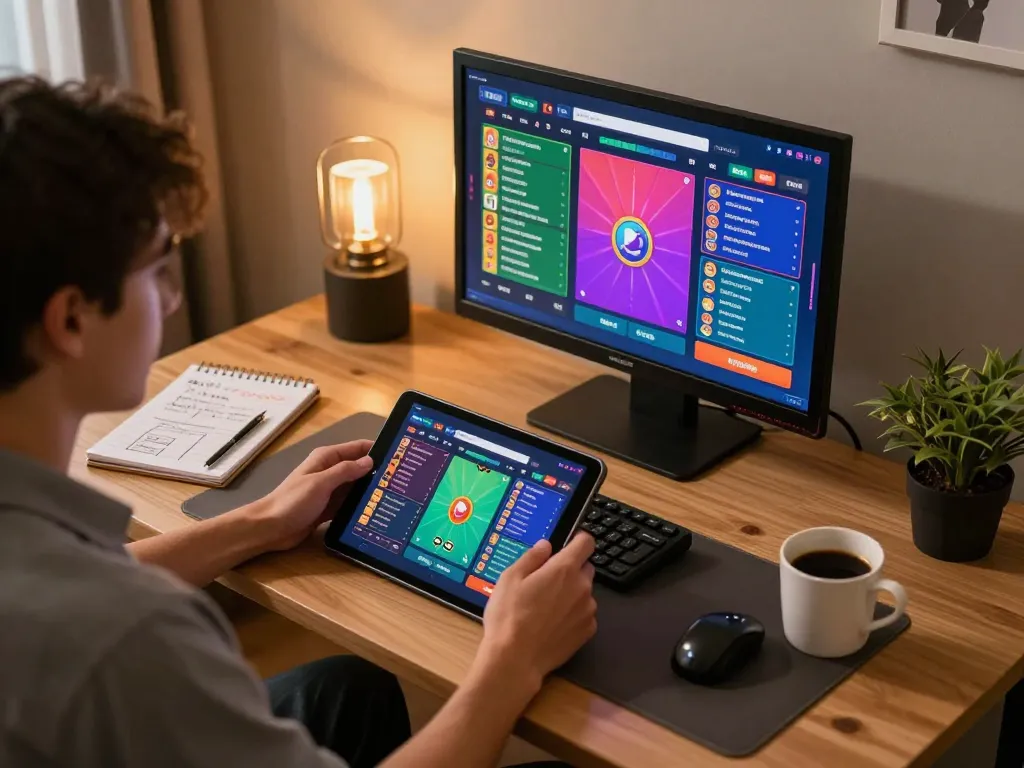 Togel player engaged in online gaming with tablet displaying colorful game interface and strategy notes.