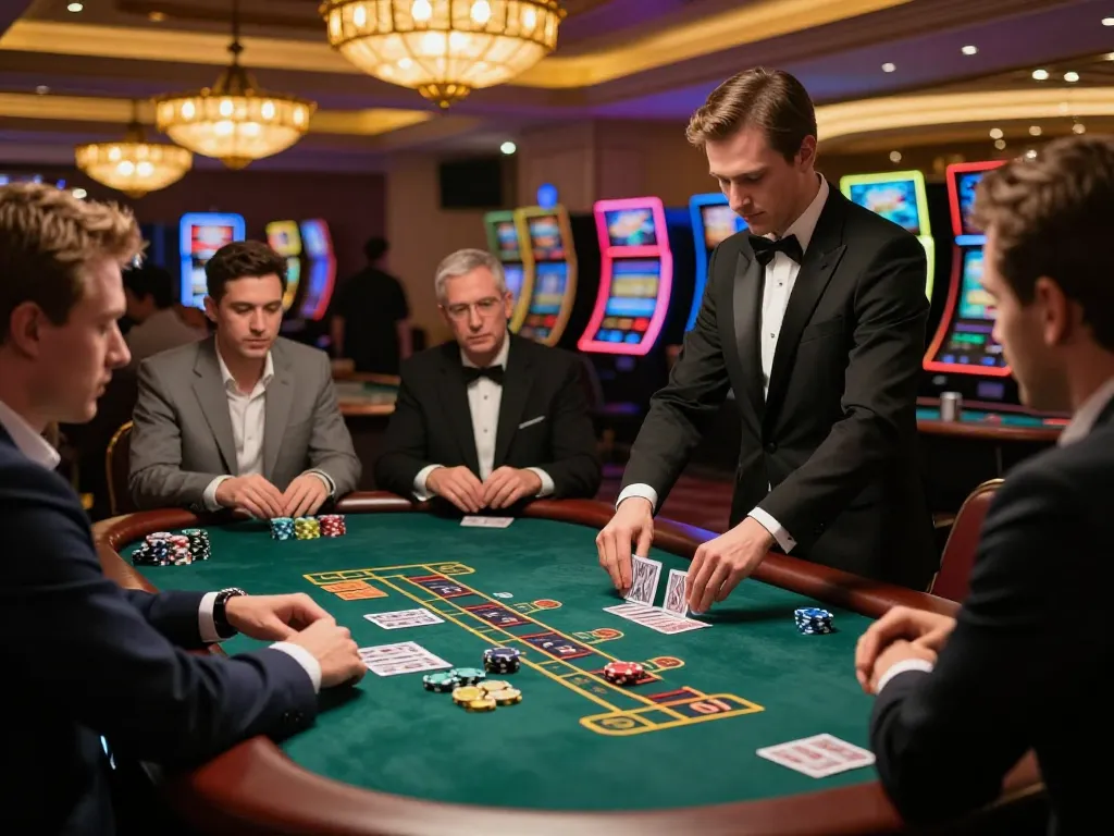 Players engaging in strategic blackjack gameplay at SHBET casino, vibrant atmosphere, professional dealer in action.