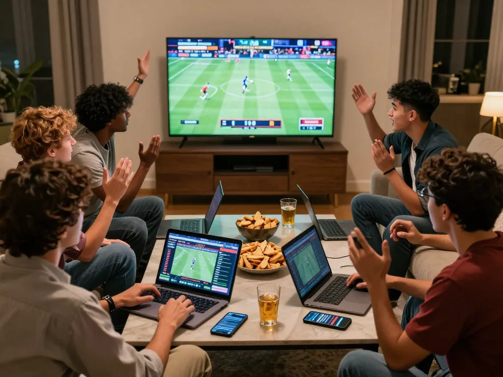 Friends enjoying kèo nhà cái sports betting night with lively discussions and multiple devices engaged.