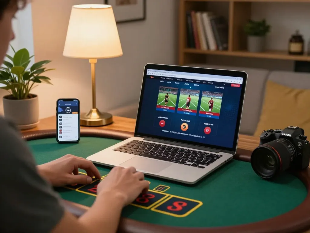 UGDEWA player placing strategic bets at live dealer blackjack on a laptop in cozy home.