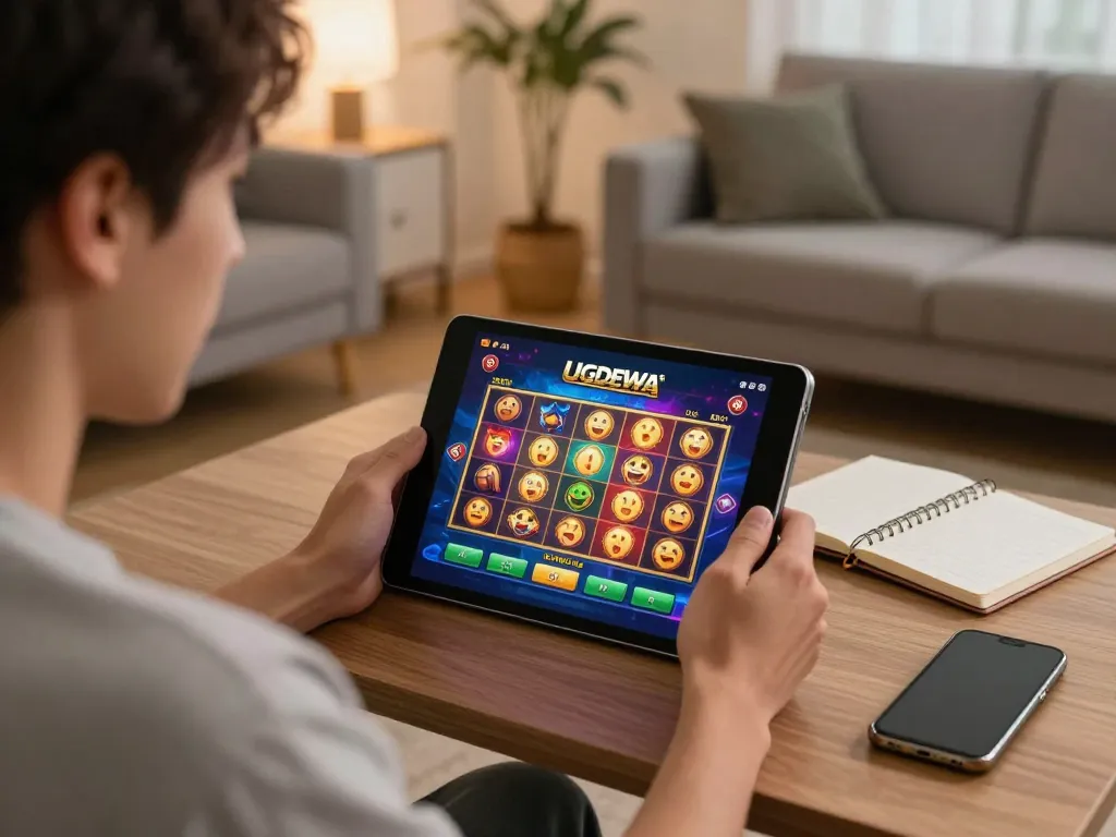 Player engaging with UGDEWA slot games on a tablet, showcasing strategic gaming approach.