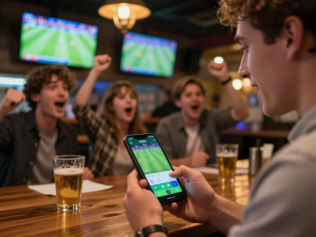 WWBOLA user placing a sports bet on a smartphone while watching live games in a vibrant sports bar.