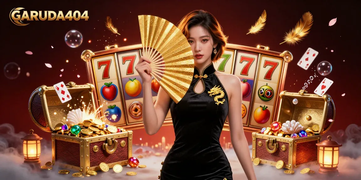 Experience the excitement of GARUDA404 as vibrant slot reels and captivating game elements create a thrilling casino scene.