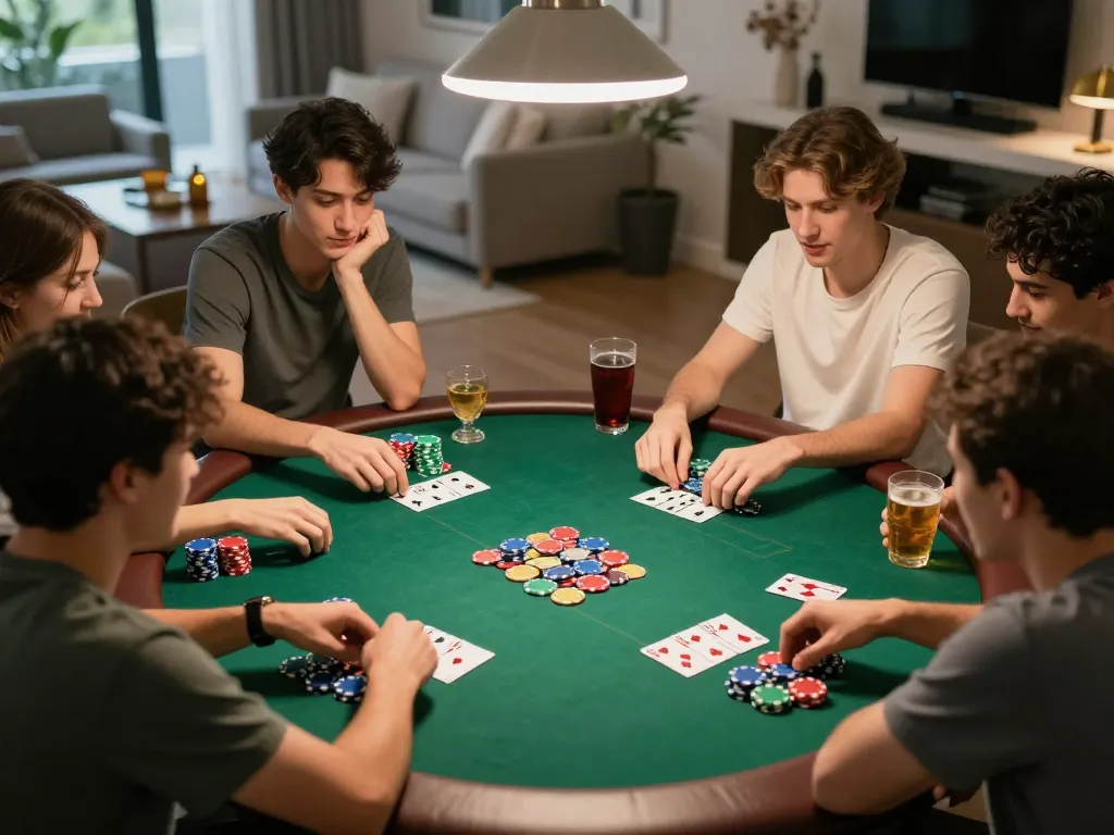 Friends engaged in an exciting poker game at home, showcasing strategic gameplay and atmosphere, featuring Net88.