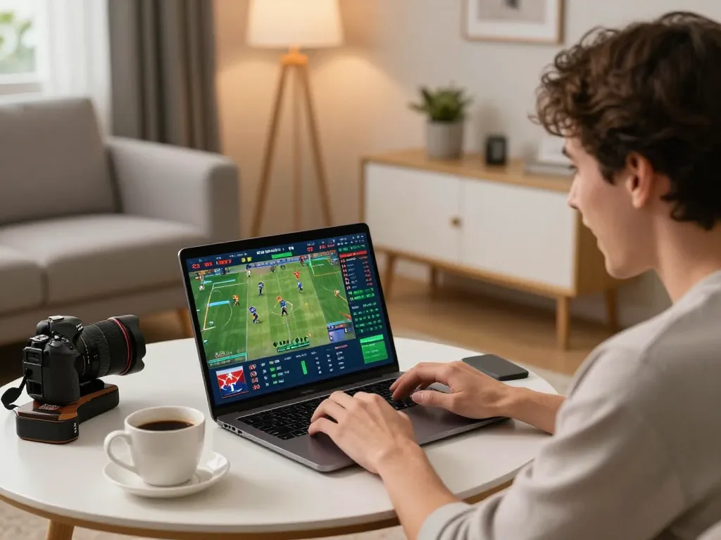 Engaging in cm88 online sports betting from a cozy living room setting, focusing on stats and bets