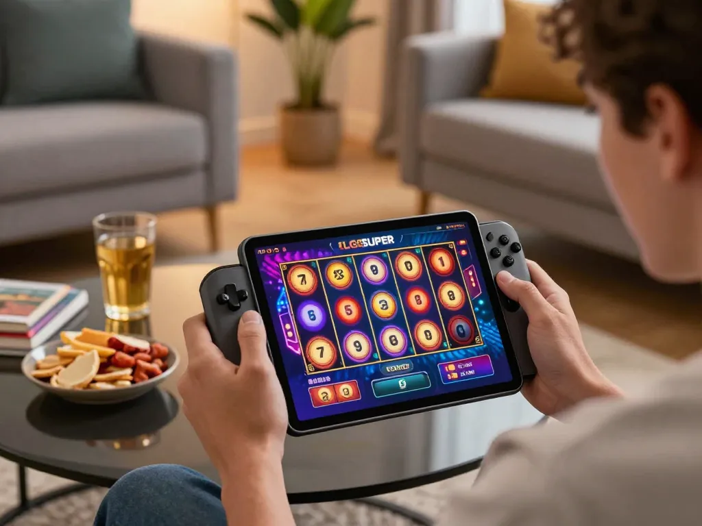 Engaging home gaming moment with LGOSUPER slot interface on tablet, cozy setting and player excitedly playing.