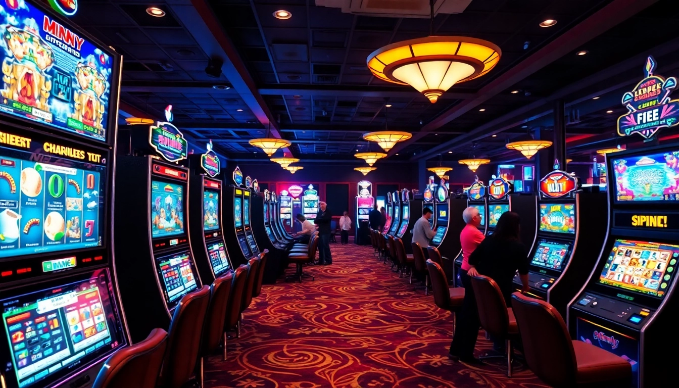 Mesin slot berwarna-warni bersinar di ruang kasino yang ramai.