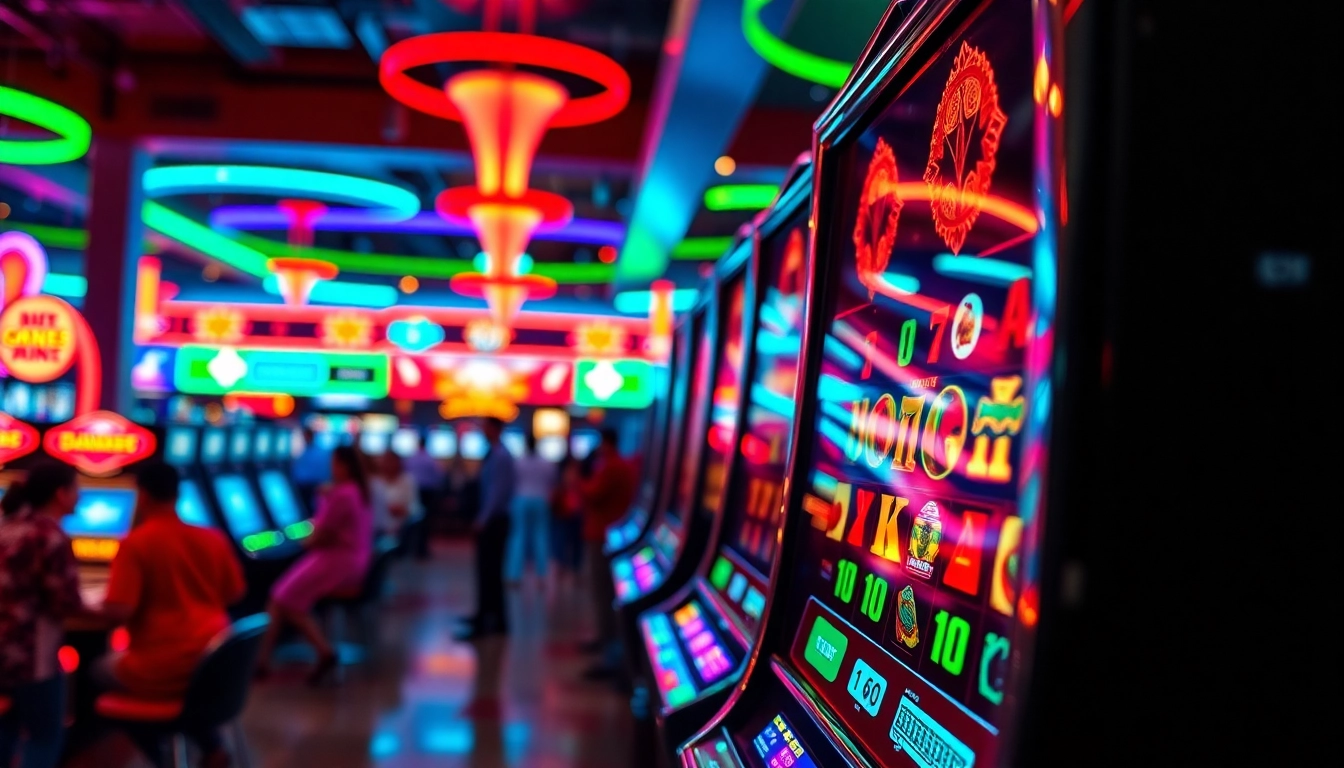 Slot yang mengesankan dikelilingi oleh lampu neon di kasino yang ramai.