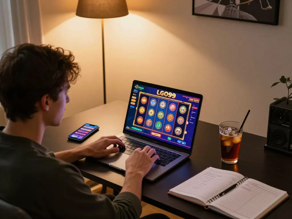 LGO99 player enjoying an exciting online slot game on a laptop in a cozy home setting.